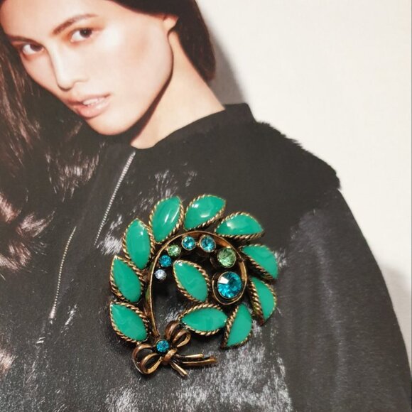 Gold Flower Enamel Crystal Turquoise Brooch Pin Fashion Women Jewelry Accessory - Picture 4 of 5